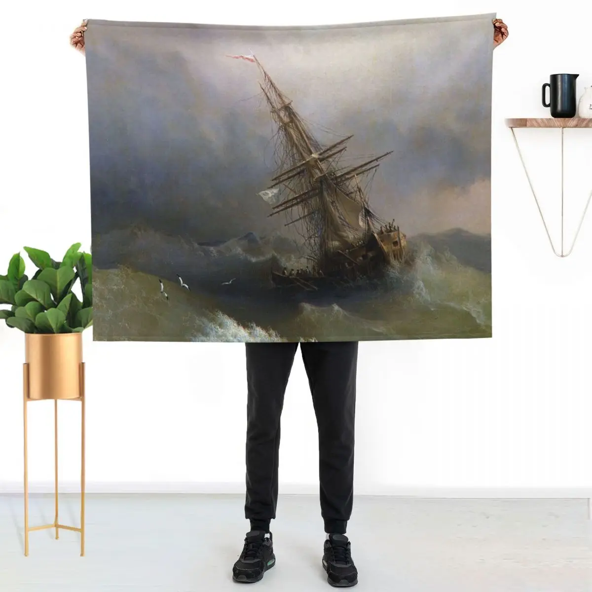 Ship in the Stormy Sea - Ivan Aivazovsky - 1887 Throw Blanket Flannels Plaid Single bed plaid Flannel Fabric Blankets