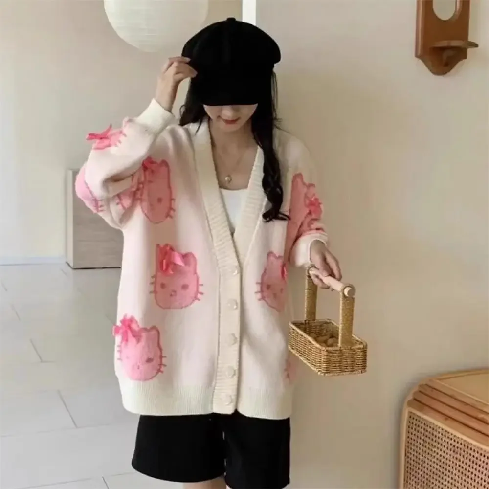 Hello Kitty Kawaii Women Cardigan Sweater Sanrioed Anime Cartoon Spring Knitting Tops Cute Sweet Girl Student Leisure Loose Soft