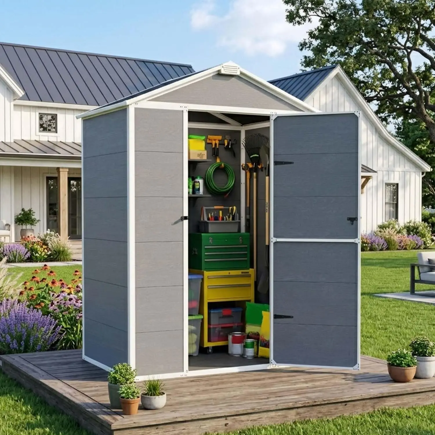 Outdoor Storage Shed 5x3 FT with Floor, Resin Garden Tool Shed, Lockable Door, Window & Vent for Mower & Bike, Gray, Customized