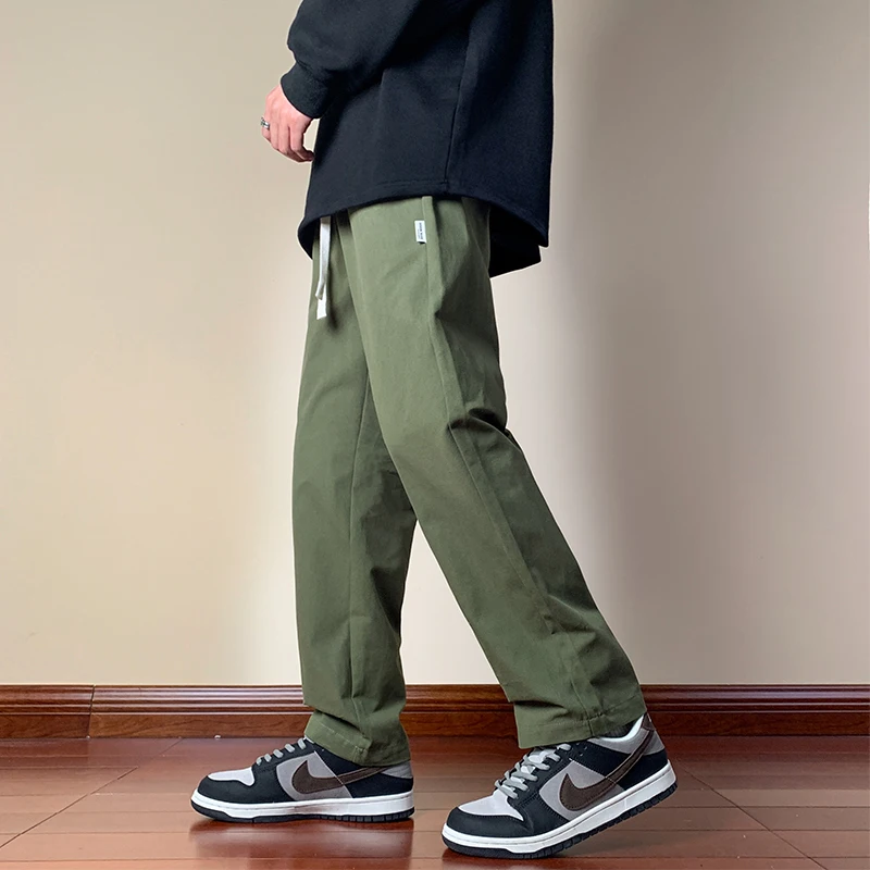 Oversized Casual Pants Men Breathable Cotton Drawstring Baggy Trousers Classic Straight Trousers Solid khaki Pants Male