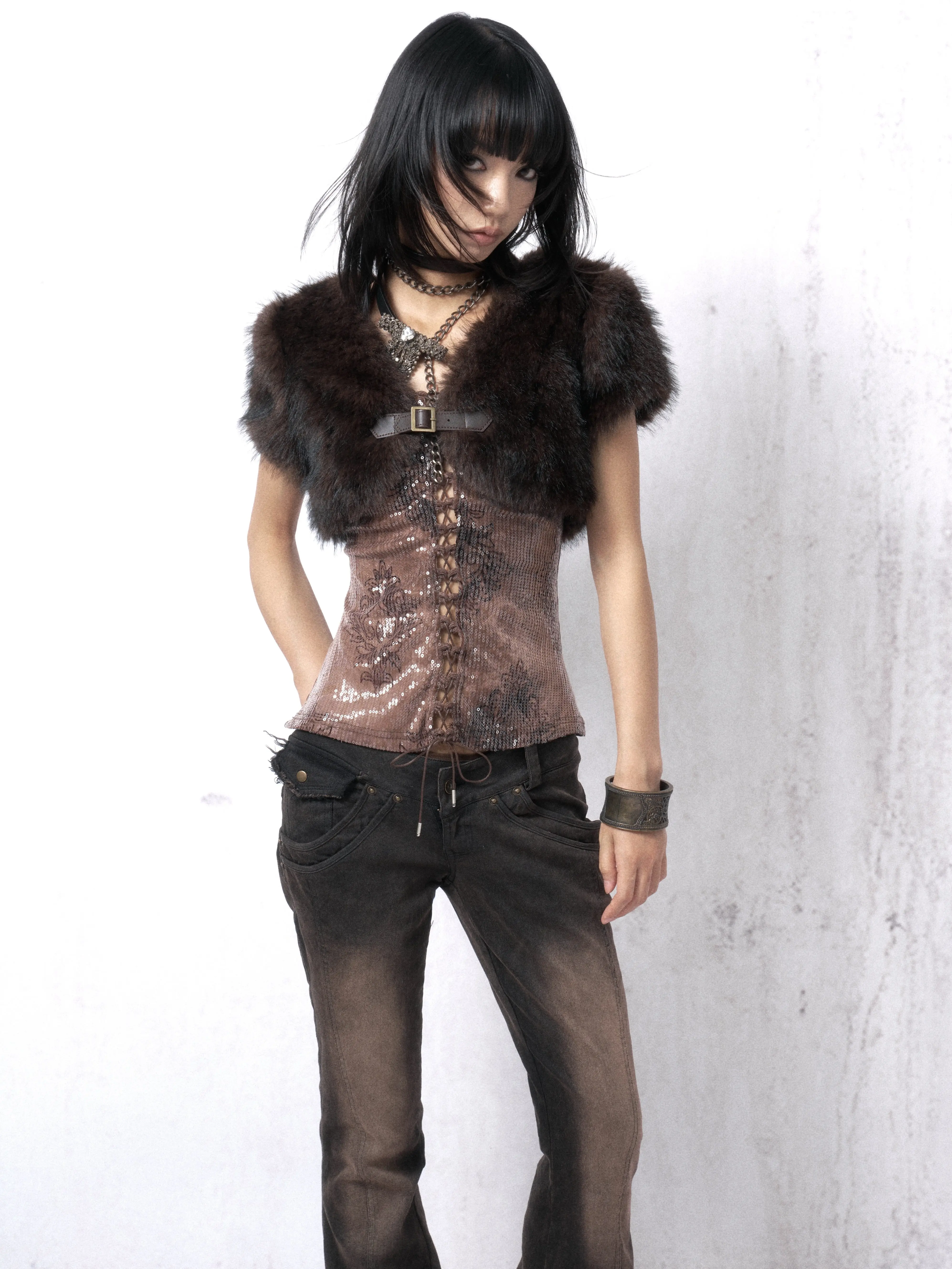 Lautaro Autumn Winter Short Brown Thick Warm Soft Faux Fur Vest Coat Women Luxury Chic Sexy Punk Style Fluffy Sleeveless Jacket