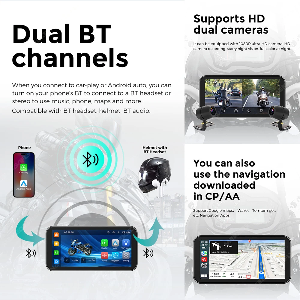 6.25 "لاسلكي CarPlay/Android Auto Motorcycle IPX67 مقاوم للماء والملاحة Android OS 2 + 32GB 1080P Dual Dashcam / Dual BT/ WiFi