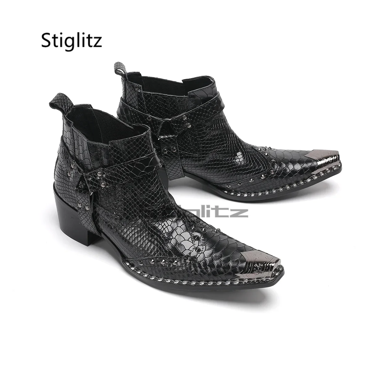 

Black Leather Rivet Ankle Boots Men's Shoes Metal Toe Buckle Strap High Heels Chelsea Boots Side Zipper Wedding Business Shoes