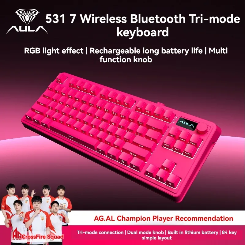 

AULA S3187 Wireless Keyboard 84key Layout Customized Tri-mode RGB with Knob Ergonomic E-sports Gaming Office Mechanical Keyboard