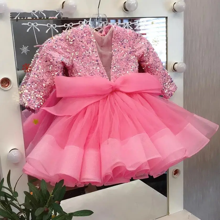 Baby Girls Luxury Party Dress Bow Sequins Design Children Perform Evening Gowns BIrthdays Baptism Girls Dress A3307