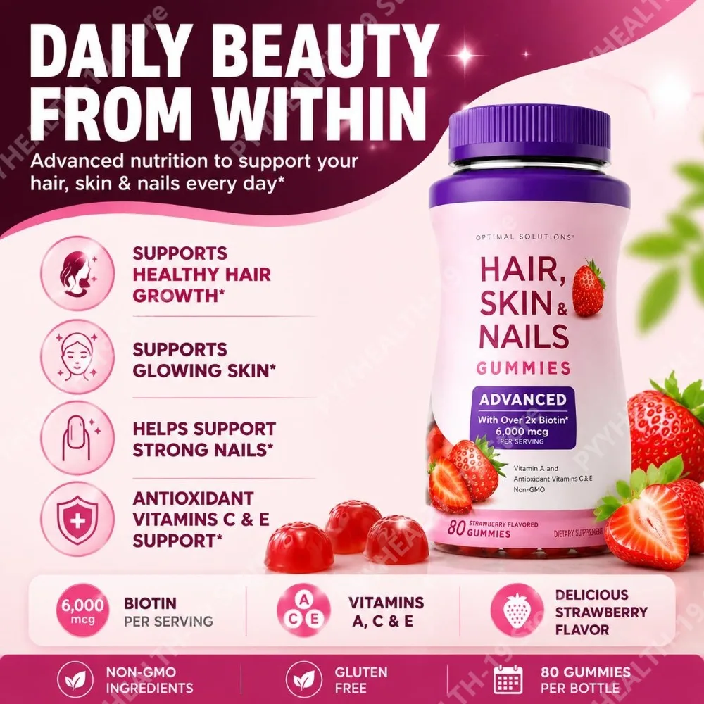 Hair, Skin Nails Gummies with 6,000 mcg Biotin 80 Count Supports Healthy Hair Growth Glowing Skin Strong Nails Strawberry Flavor