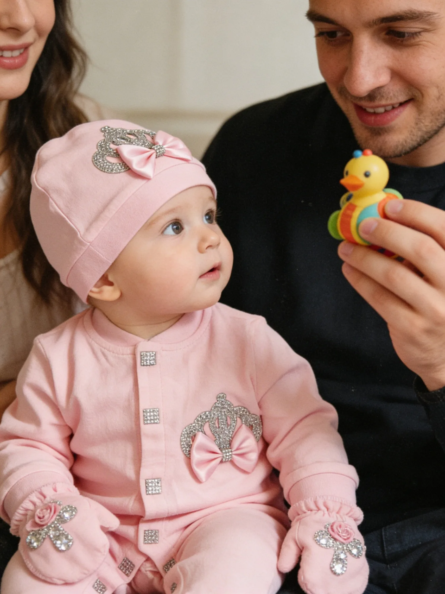 Baby Girl Pink Crown Luxury Set - Onesie Hat Mittens with Double Bow & Rhinestone