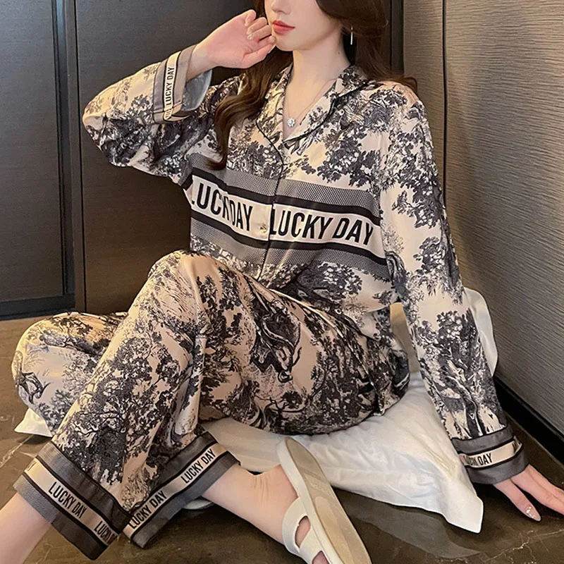 Ice Silk Pajamas Women Ink Painting Long Sleeve Premium Feeling Elegant Comfortable Homewear Sexy Nightwear Girl Sleepwear