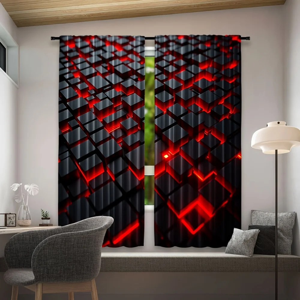 2pcs Geometric Curtains Red Black 3D Cube Abstract Pattern Drape Modern Living Room Gaming Room Window Treatment Tech Home Decor