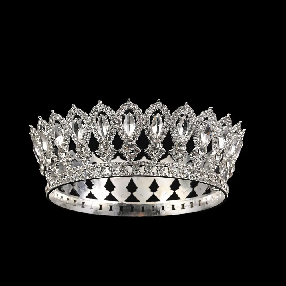 Corona da sposa transfrontaliera Copricapo barocco a cerchio intero in stile europeo, lussuosa decorazione in cristallo, imperiale rotondo pesante