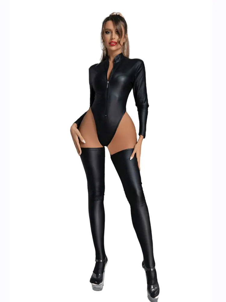 

Game Suit Sexy Long Sleeve Bodysuit PU Faux Leather Shiny High Cut Thong Bodysuit Stage Dance Role Play Tights With Stocking