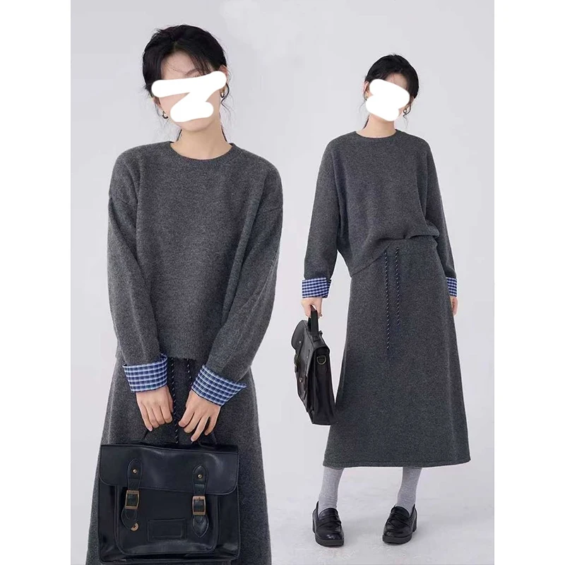 Anti-envelhecimento outono inverno coreano sle conjunto de camisola de malha feminina com punhos emendados casual solto ajuste saia conjunto de duas peças