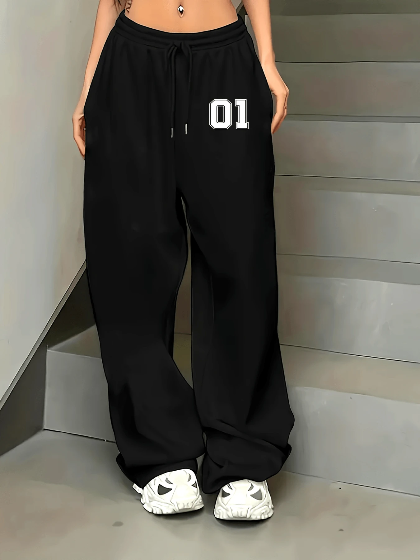 Women's Black Graphic Print Casual Jogger Pants with Drawstring Waist - Bold '01' Design, Loose Fit Straight-Leg Winter Warmth