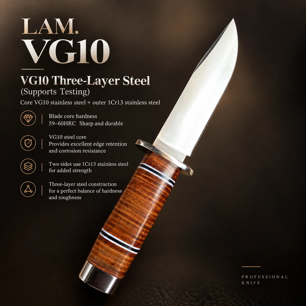 VG10 Fixed Blade Knife with K Sheath, Stacked Leather Handle, Three Layer Stainless Steel Outdoor Camping Bushcraft Hiking Tool
