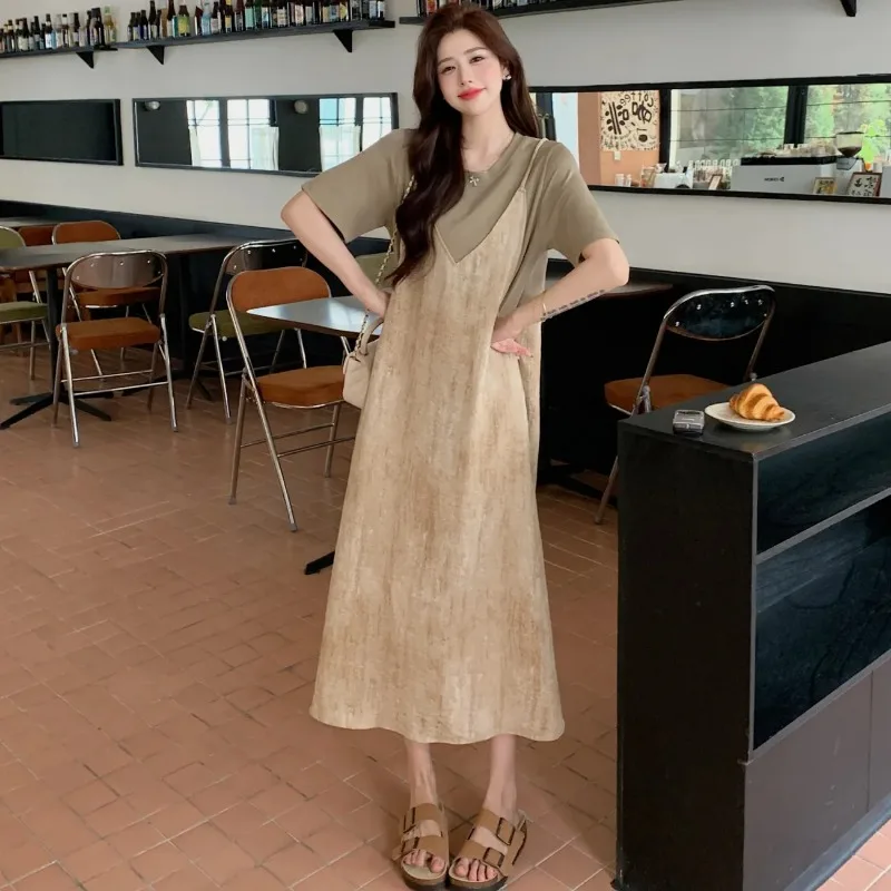 女性用フレンチスマッジドサスペンダードレス フェイクツーピース 年齢を軽減するミッドレングスTシャツ