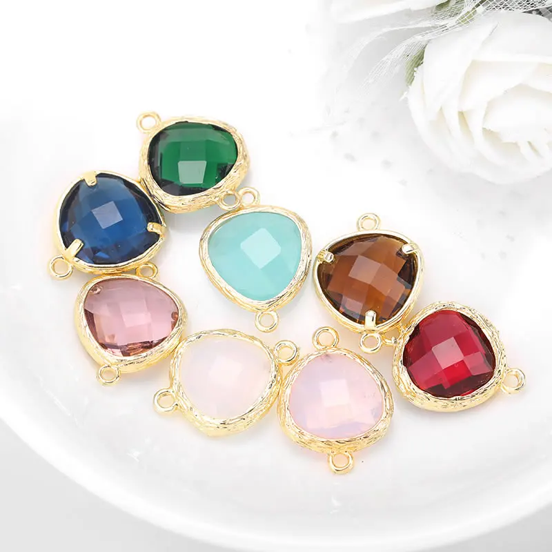 4PCS 18K Gold Color Brass Heart Colourful Glass Beads 2 Holes Connect Charms High Quality Diy Jewelry Making Accessories