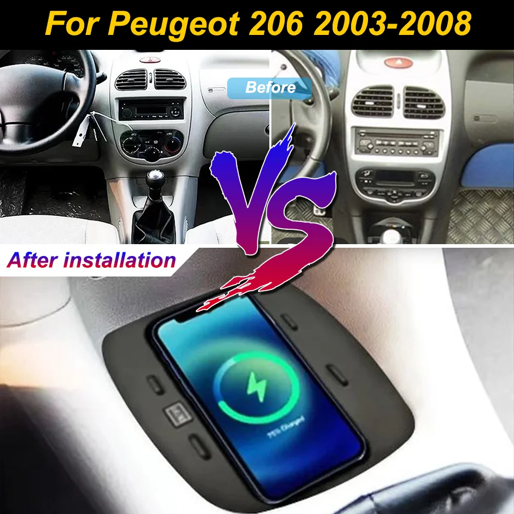 Carregador de celular sem fio 2 Din para Peugeot 206 2003-2008, com compartimento de armazenamento no console central, placa de carregamento rápido de