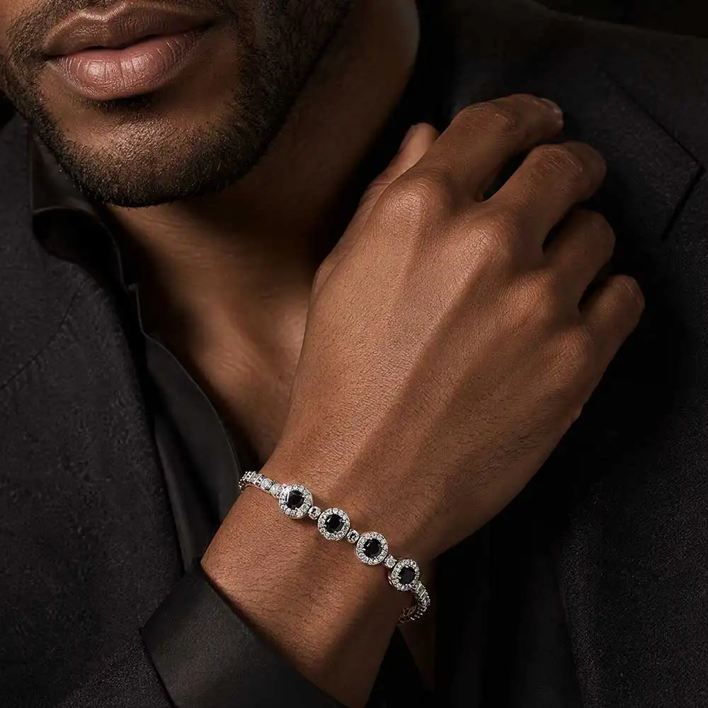 Nuoya CZ Stainless Steel Iced Out Tennis Bracelet Women Luxury Sapphire/Black/Red Color Crystal Bracelet Fine Jewelry Gift
