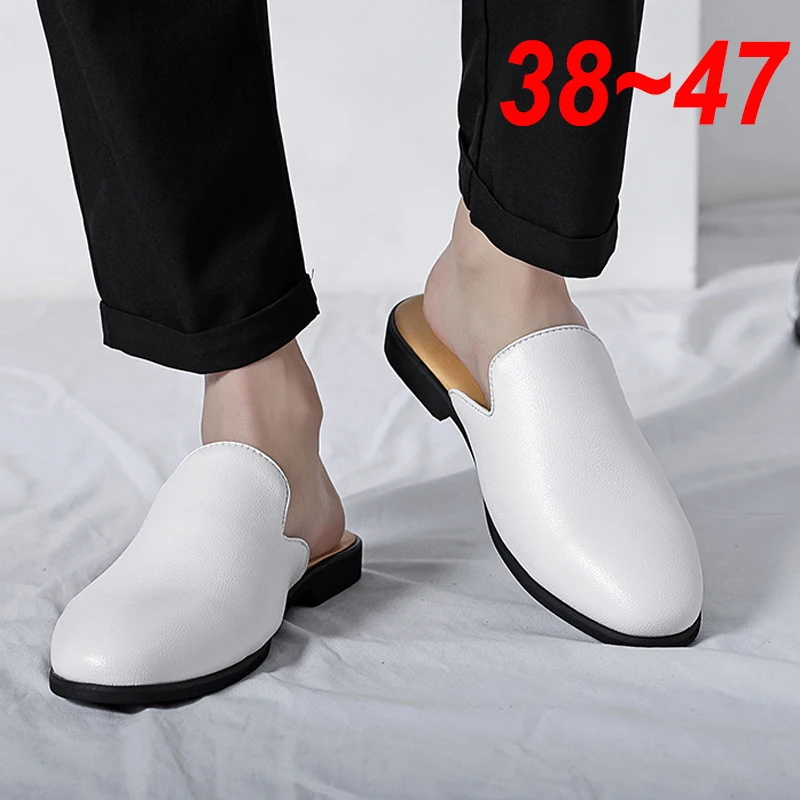 Half Shoes For Men Dress Shoes Outdoor Mules Leather Loafers Slippers Plus Size 38-47 Backless Mens Flats Casual Shoes Moccasins