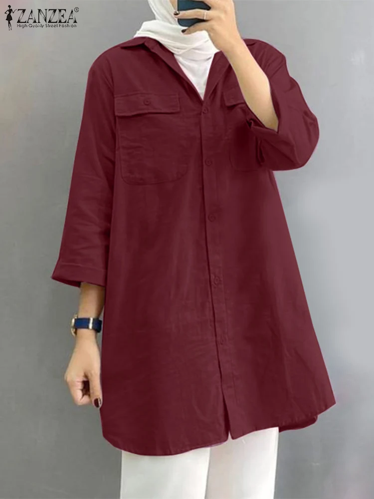 ZANZEA Autumn 2024 Loose Casual Long Shirts Muslim Islamic Button Up Women 3/4 Sleeve Camisas Hijab Turn-down Collar Blouse Tops