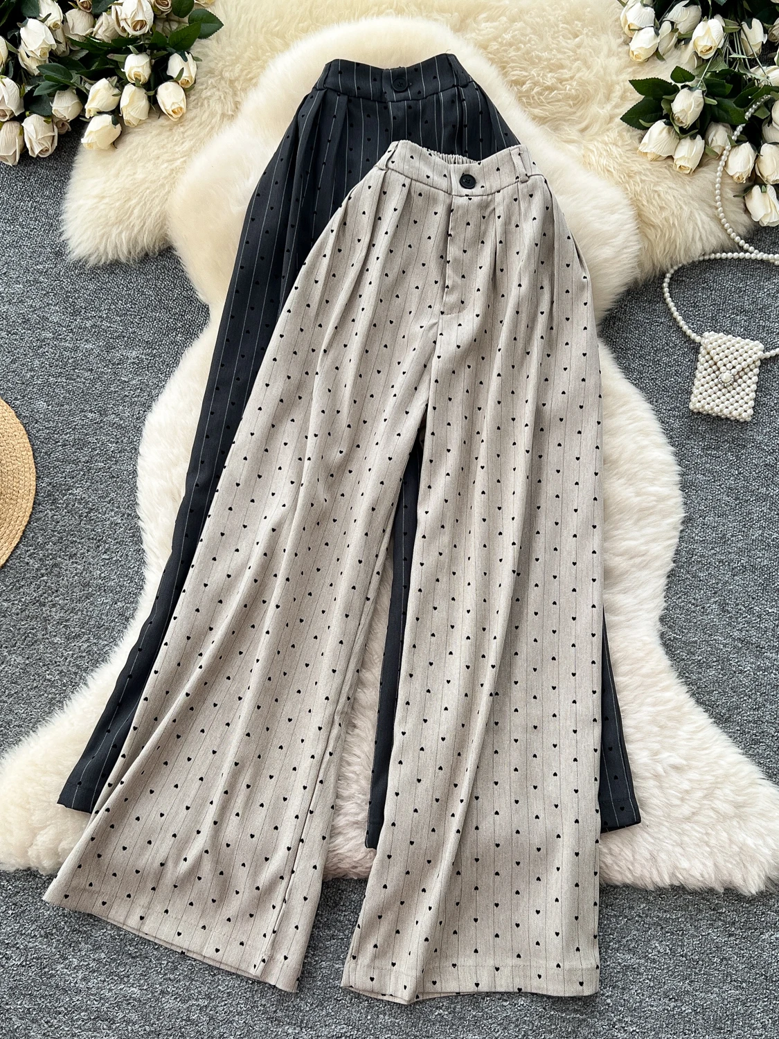 بنطلون واسع الساق للنساء بطباعة قلوب وخصر مرتفع، تصميم بسيط وعصري، بنطلون كاجوال أنيق للسيدات لفصل الخريف