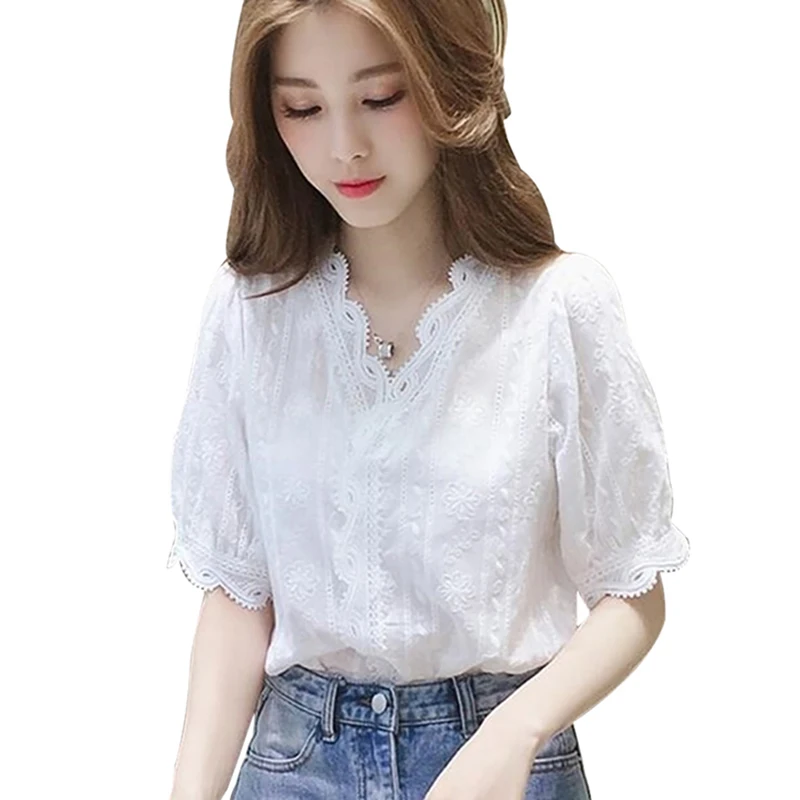 Women V-Neck Blouse Casual Lace Hollow Out Sweet Loose Top Female Summer Spring Half Sleeves Solid Office Blouse Shirts