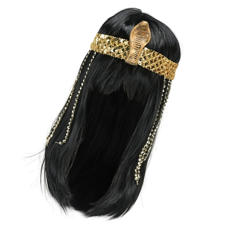 Cleopatra Long Straight Bob with Bangs Egyptian Snake Headpiece Egyptian Queen Costume for Halloween Cosplay 6XDA