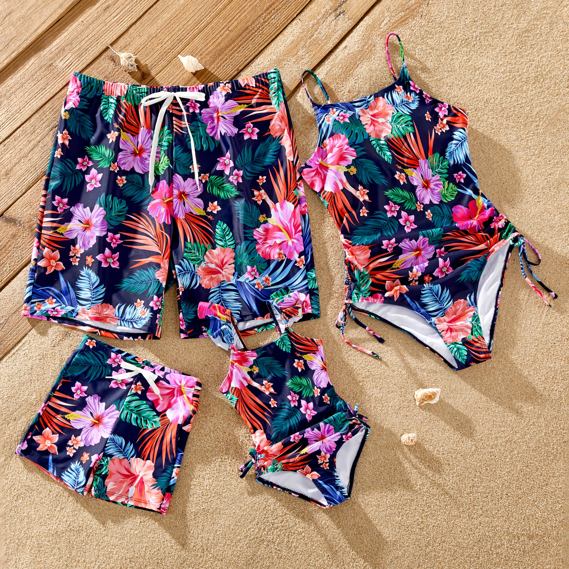 PatPat Family Matching Tropical Floral Drawstring Swim Trunks or Ruched Drawstring Side One-Piece Strap Swimsuit