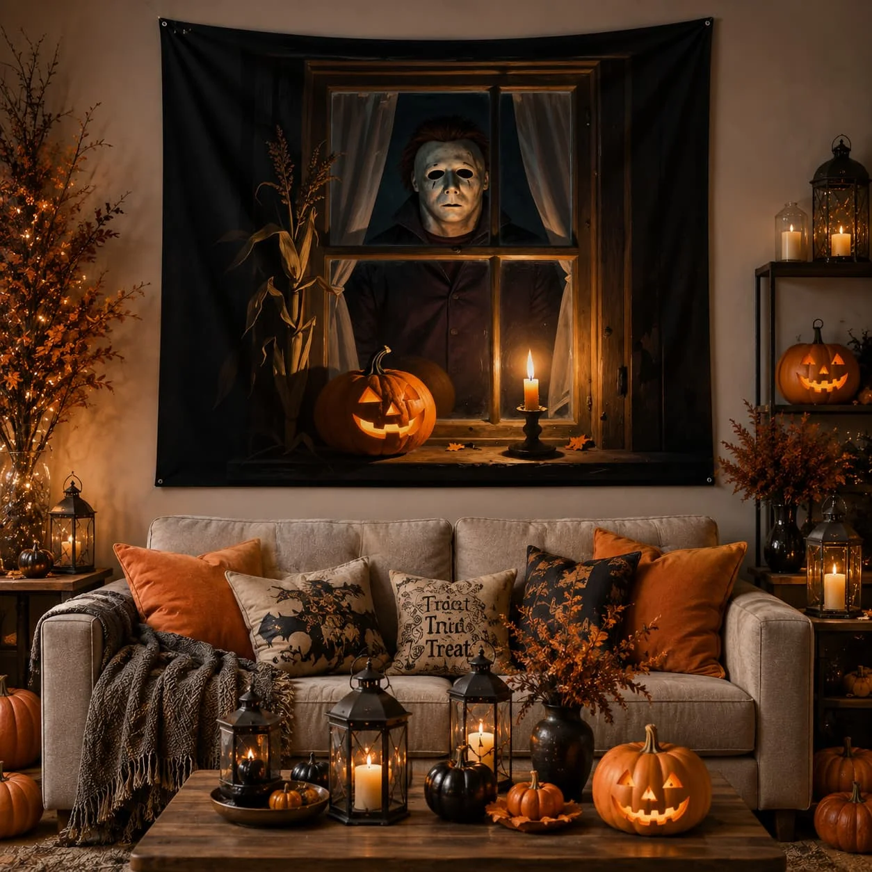 2D Flat, 2D Flat 1pc Banner Happy Halloween Overlay Window Cover Decoration Hanging Party Banner, Mysterious Masked Figure Outside the Window, Glowing Jack-o'-Lantern, Autumn Vintage Nostalgic Style Theme, Suitable for Outdoor and Indoor Use