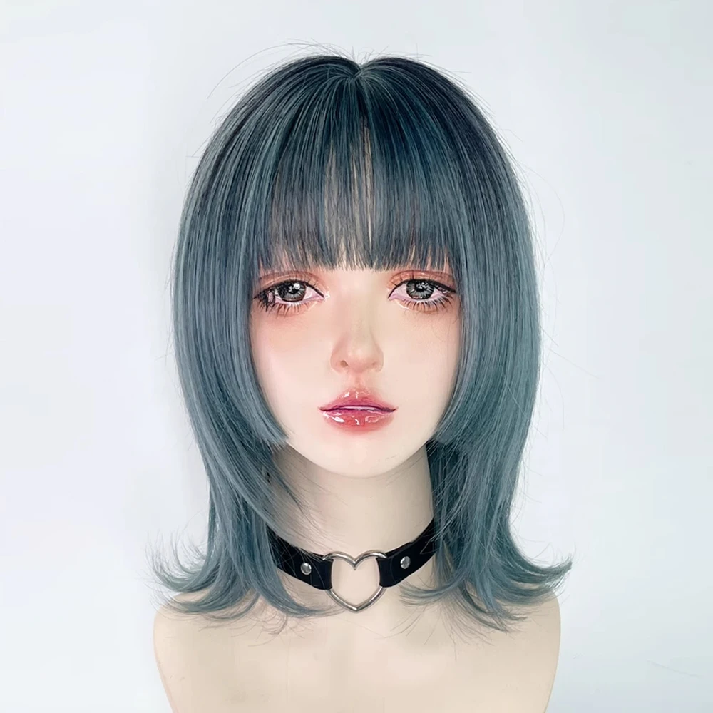 Blue Short Synthetic Straight Wigs with Bangs Lolita Cosplay Natural Fluffy Women Hair Wig for Daily Party