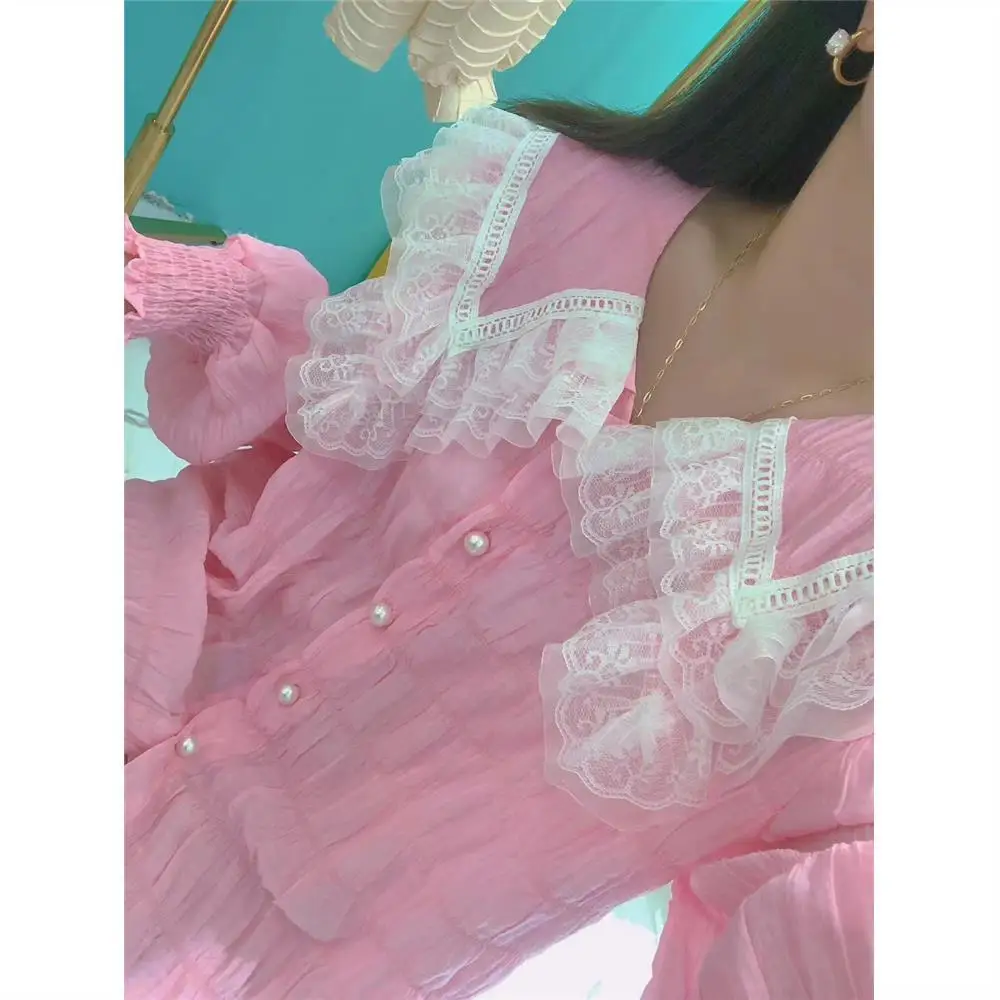 European Station 2024 Autumn New Lace Shawl Pleated Design Sweet Flare Sleeves Slimming Shirt for Women