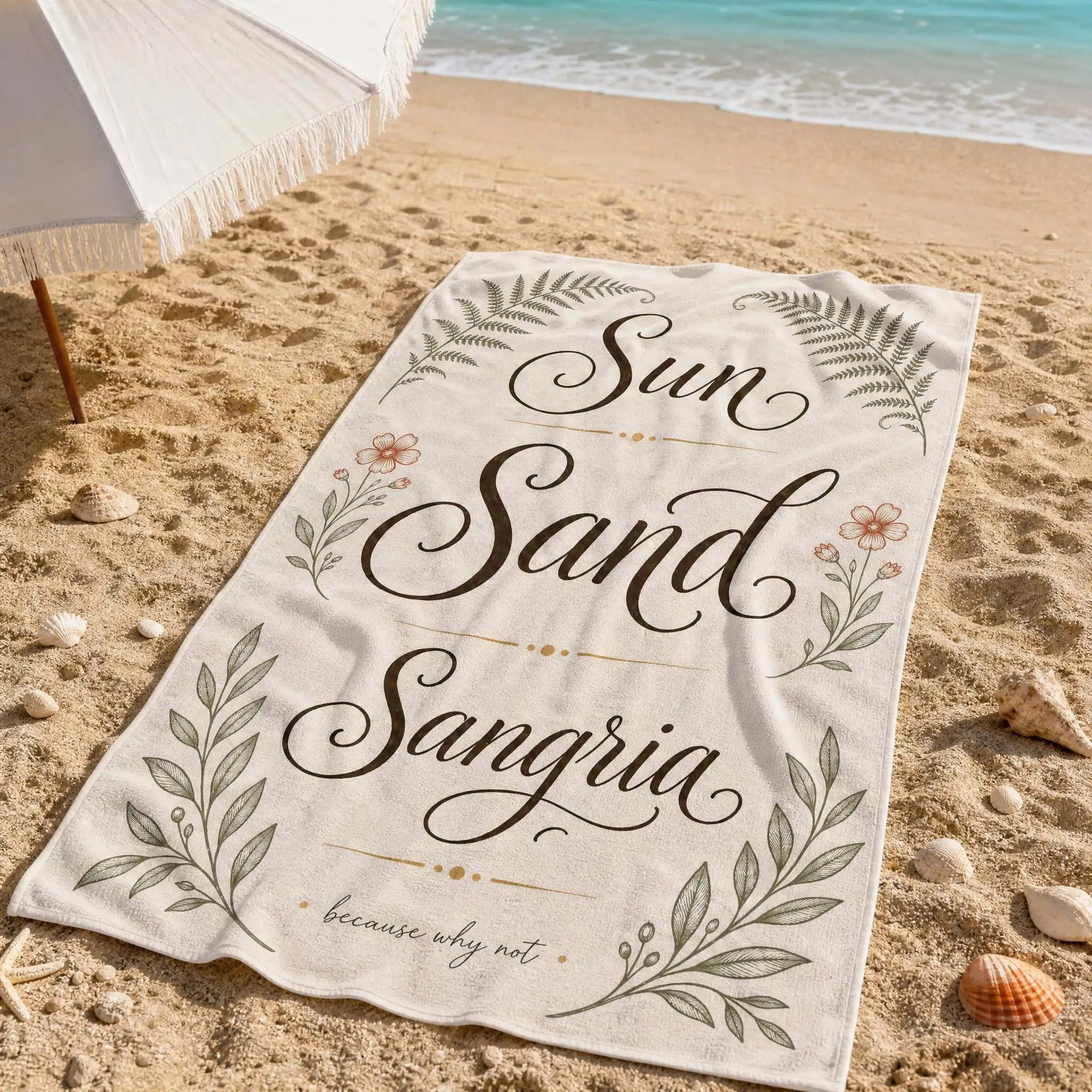 Toalla de playa Sun Sand Sangria, toalla de microfibra de secado rápido con estampado de letras cursivas florales y hojas botánicas verdes vintage, vacaciones de verano