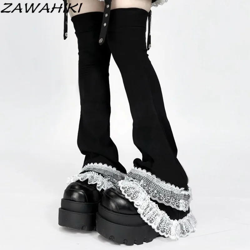 Y2k Japanese Horn High Leg Cover Lace Patchwork Pile Up Sock Covers Contrast Color Leg Warmers Fashion Elegant Black Stockings