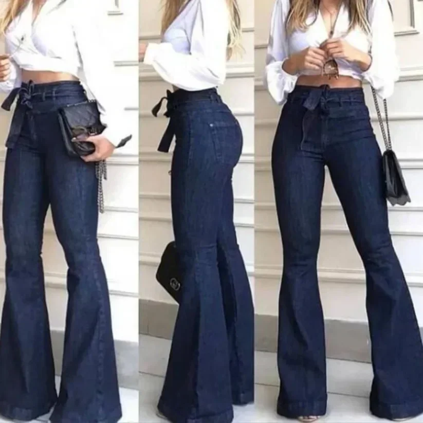 

Women Jeans High Waist Flare Pants Blue Zipper Fly Flat Pockets Streetwear Slim Patchwork Button Strech Belt Mom Maxi Capris