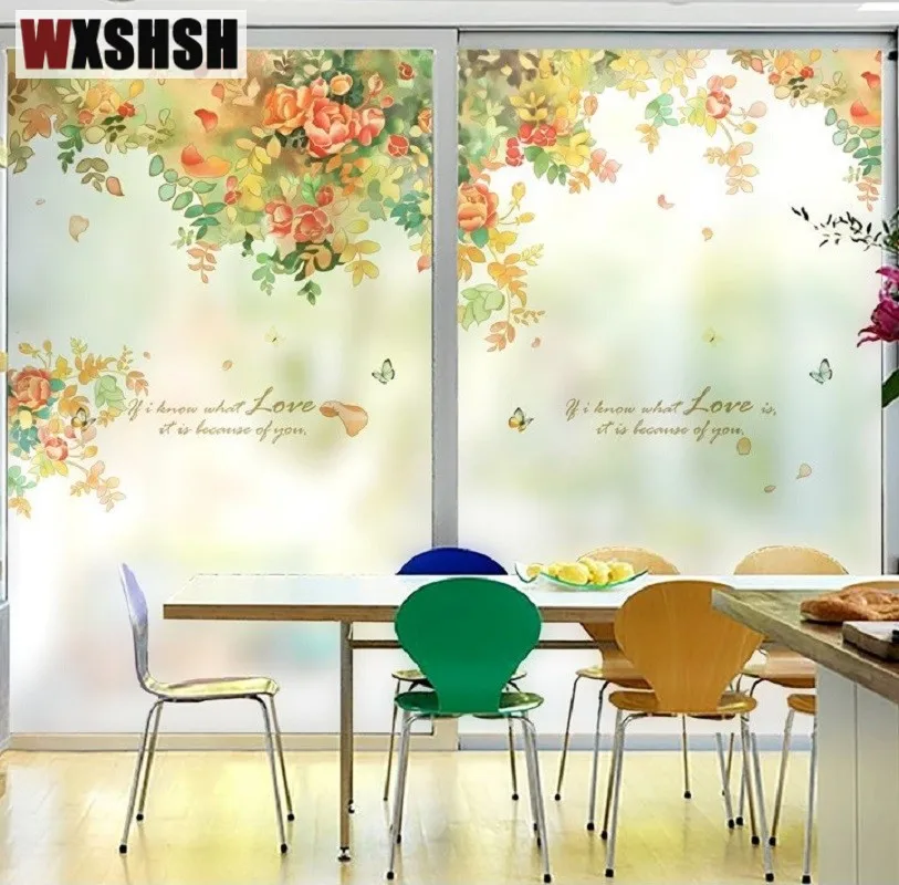 Electrostatic Glass Film Vinyls Rose Pattern Non-Adhesive Decorative Window Sticker Decorative Films For Home Store Restaurant