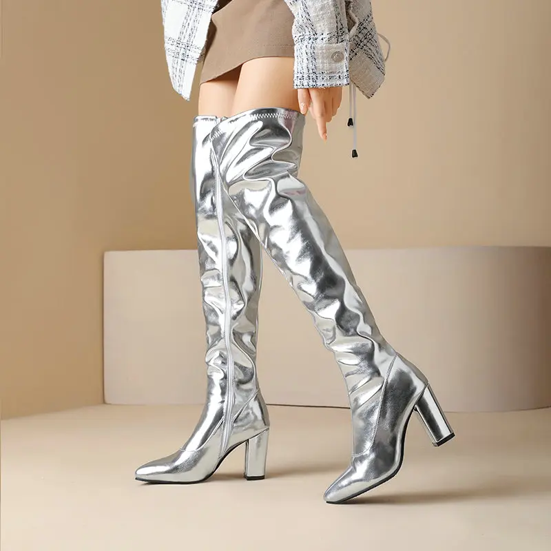 

Women's Knee High Boots Sexy Patent Leather Chunky High Heels Side Zip Platform Boots Nightclub Stage Performance Shoes
