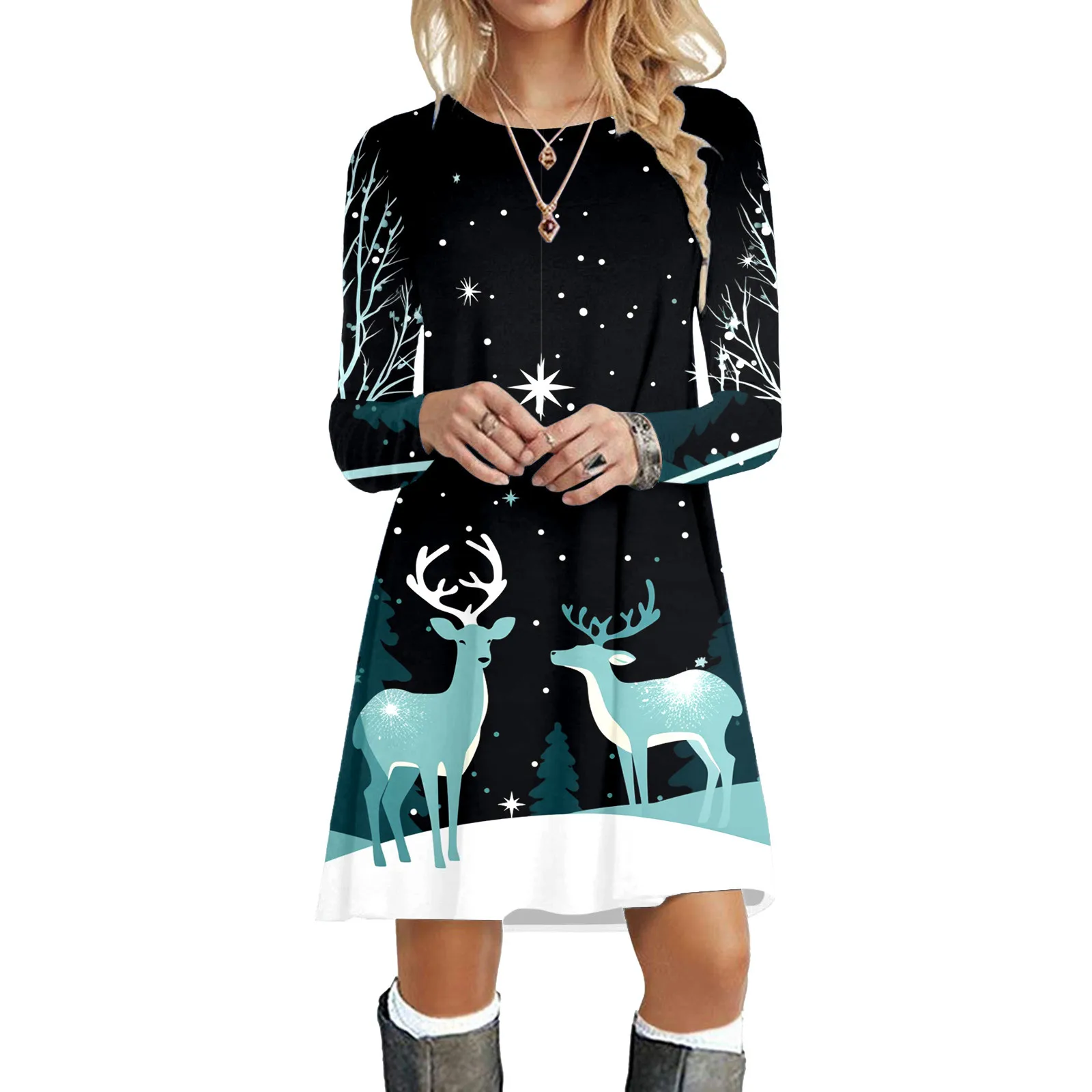 Kerst Feestjurken Voor Vrouwen 2024 Herfst Winter Casual Kerst Elanden Sneeuwpop Print Mini Jurk Nieuwjaar 2024 Vrouw Jurk gift