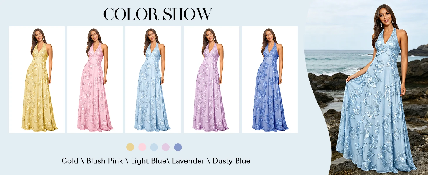 Likeora Floral Bridesmaid Dresses For Wedding Halter Ruched Long Jacquard Burntout Formal Gown
