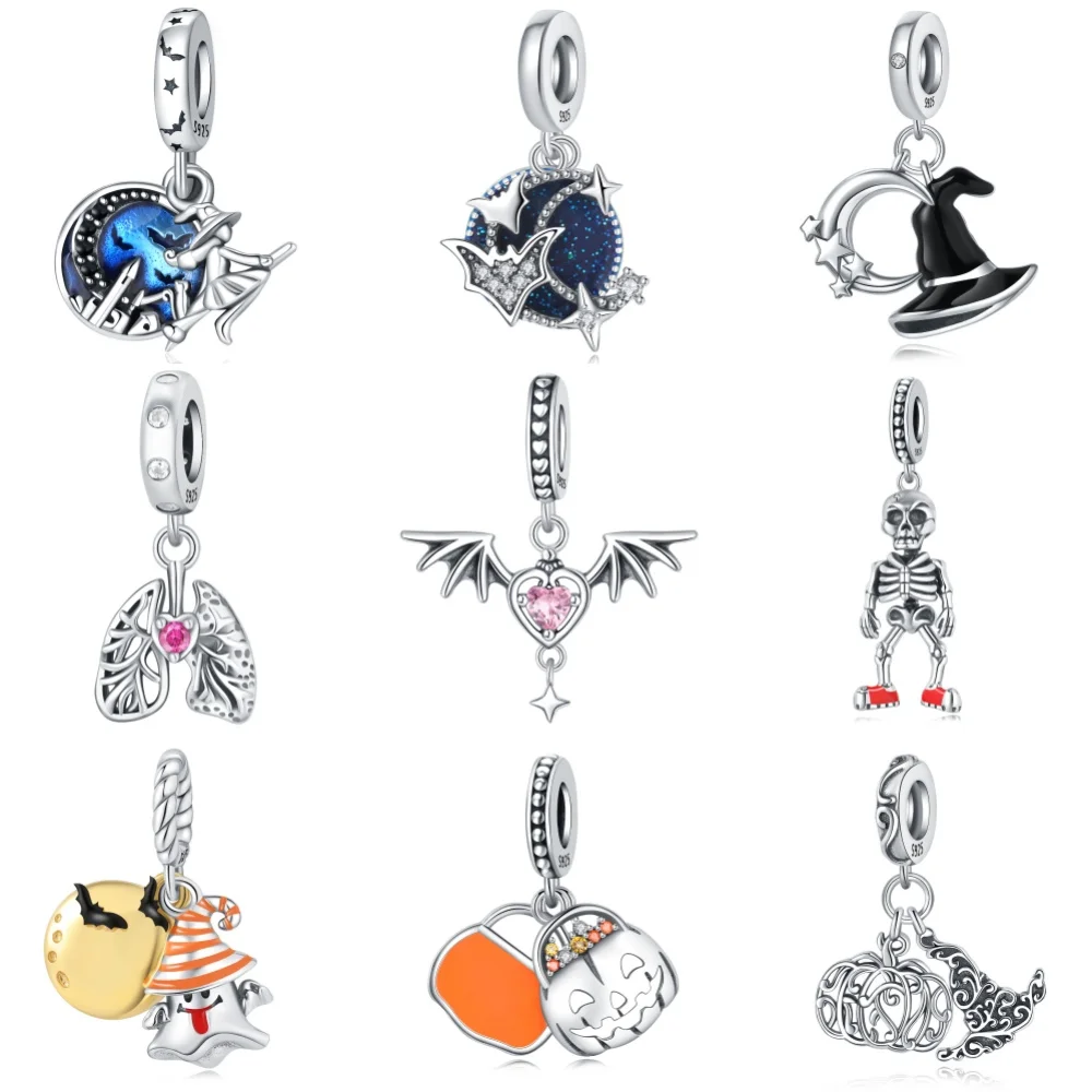 Real 925 Sterling Silver Witch Pumpkin Halloween Charms Beads Fit S925 Original Bracelets Fine DIY Jewelry Halloween Party Gifts