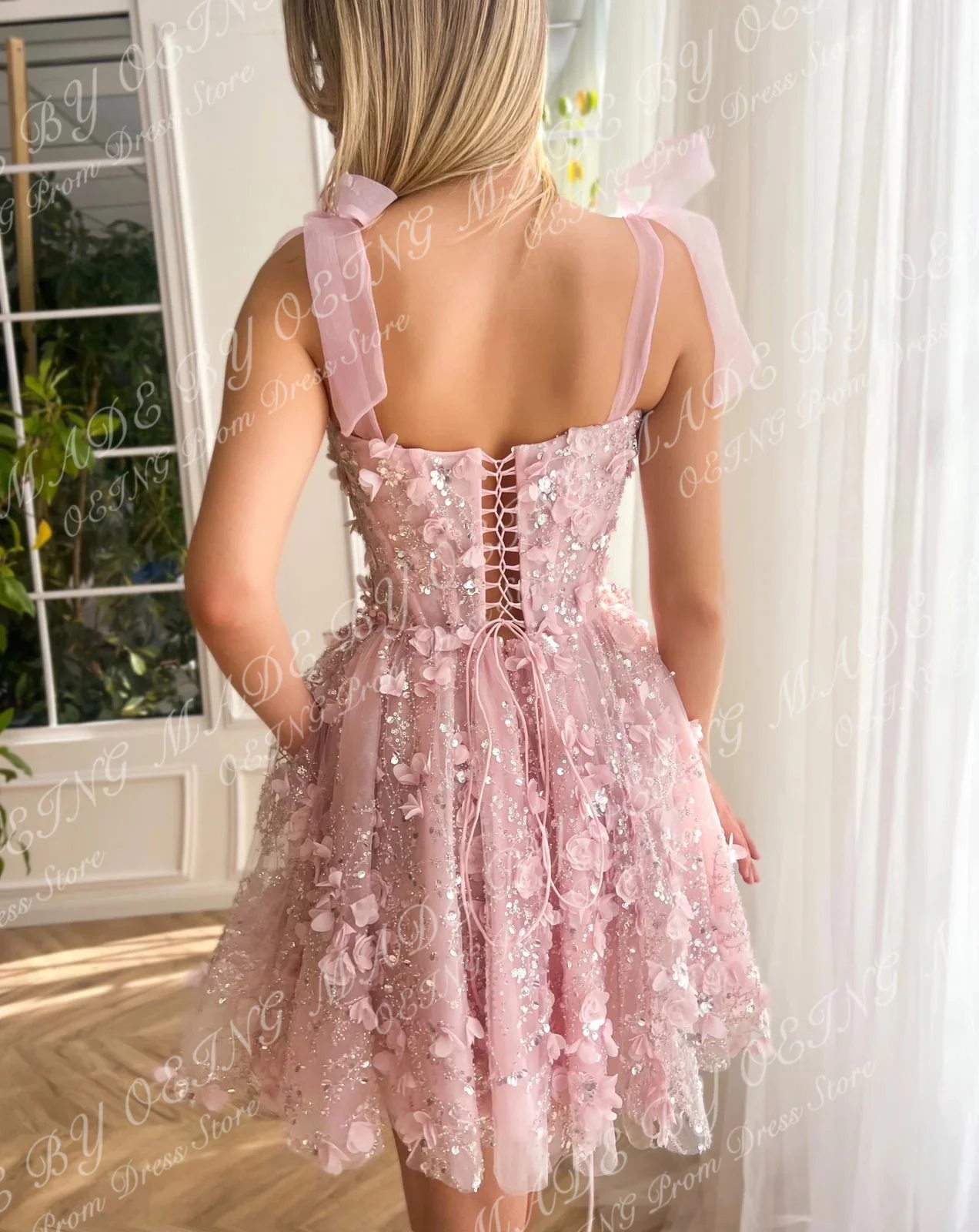 OEING Pink Mini Prom Dresses Fairy 3D Appliques Homecoming Dress Lace Up Short Night Club Party Celebrity Gowns Vestidos De Gala