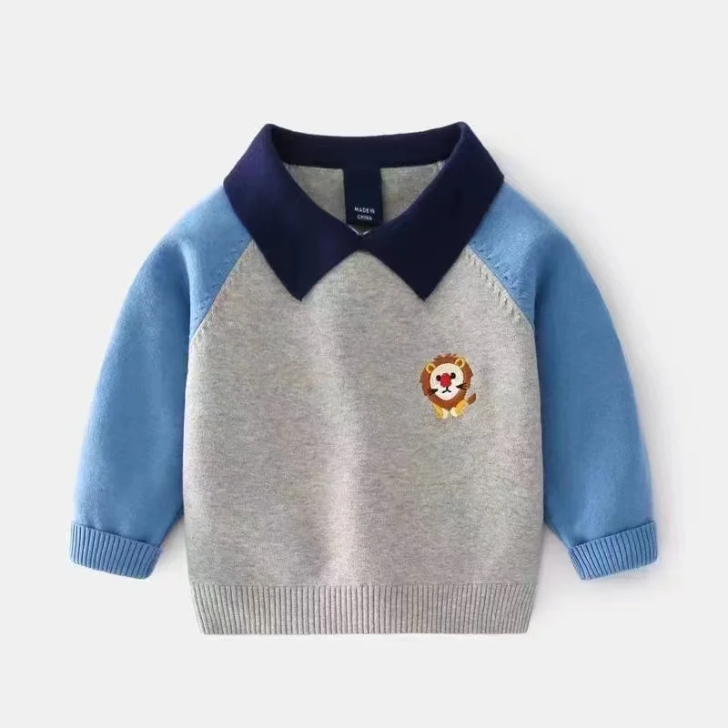 Kids Boys Polo Neck Sweater Thin 2024 New Spring Autumn And Winter Children\'s Sweater Pure Cotton Jersey Baby Knitted Top