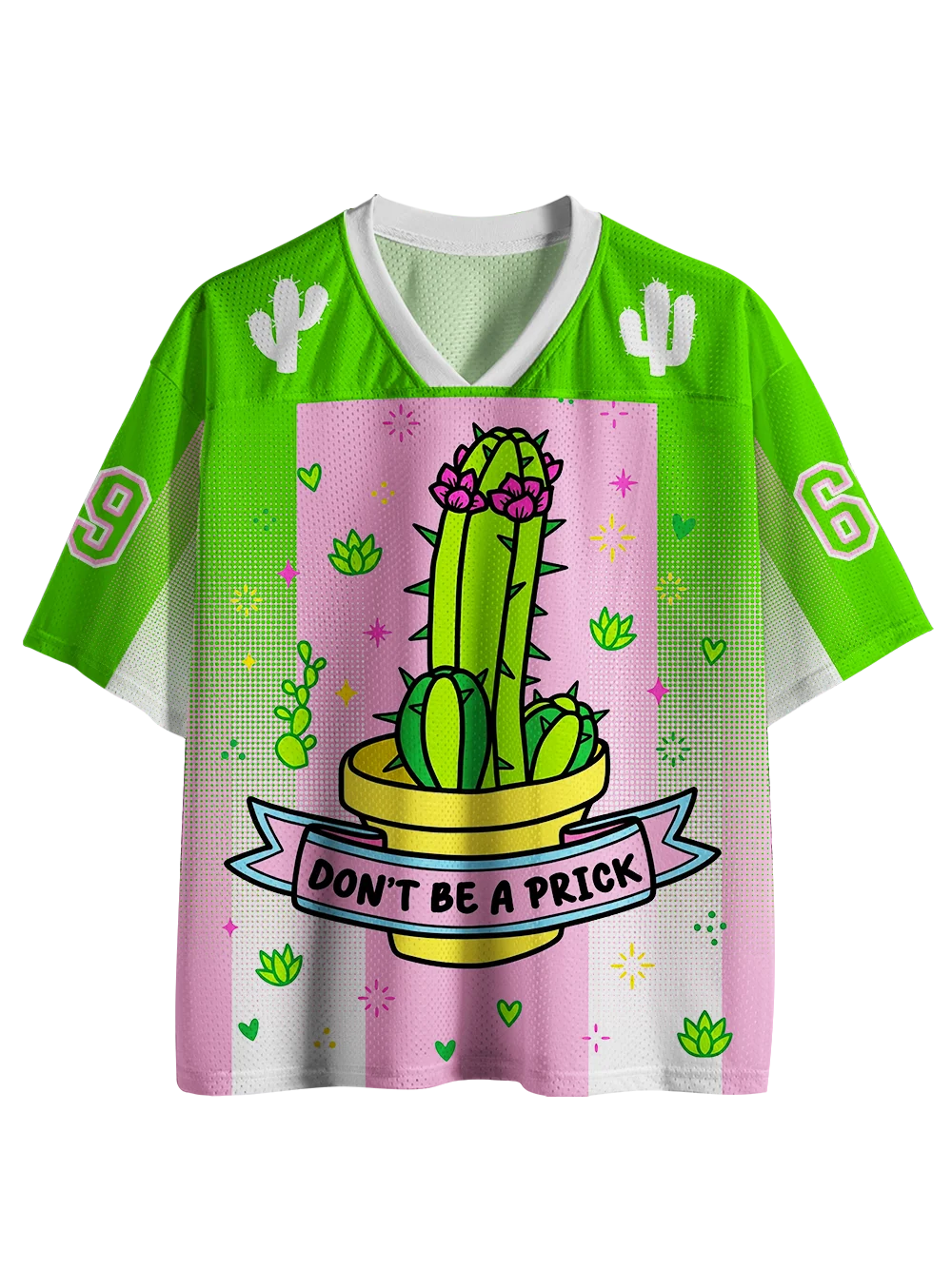 Cactus Printed Street Mesh Y2K Men's and Women's Plus Size Loose Casual Sports V-neck Short Sleeved T-shirt