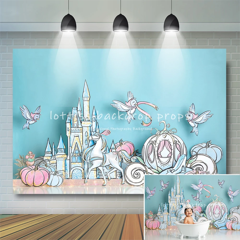 Cinderella Castle Birthday Photography Backdrop Cartoon Kids Girl Cake Smash Props Pumpkin Car Decor Baby Shower Background