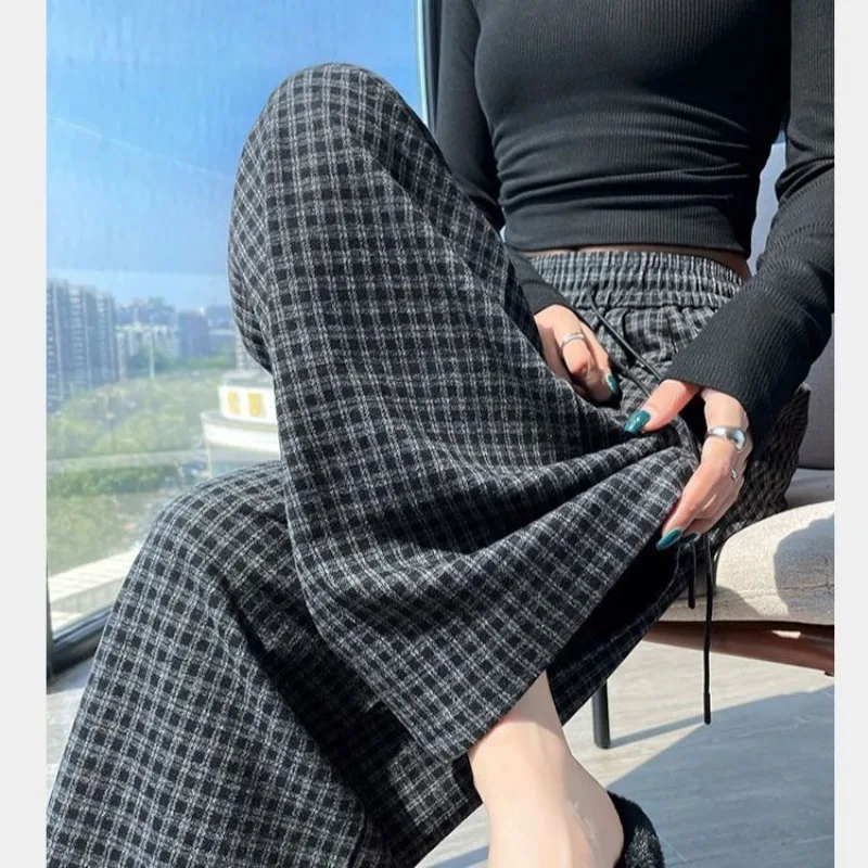 Retro Woolen Plaid Wide Leg Casual Pants Autumn Classic Thicker High Waist Straight Floor-Length Pants Baggy Streetwear Trousers