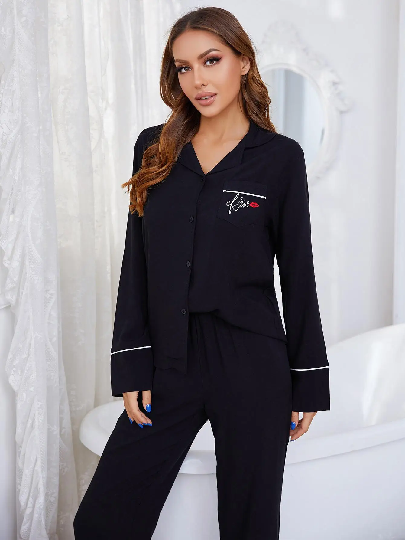 Autumn Letter Print Pajamas Set Women\'s Long Sleeves Solid Black Sleepwear Soft Button Down Loungewear Pjs Set Nightwear S-XL