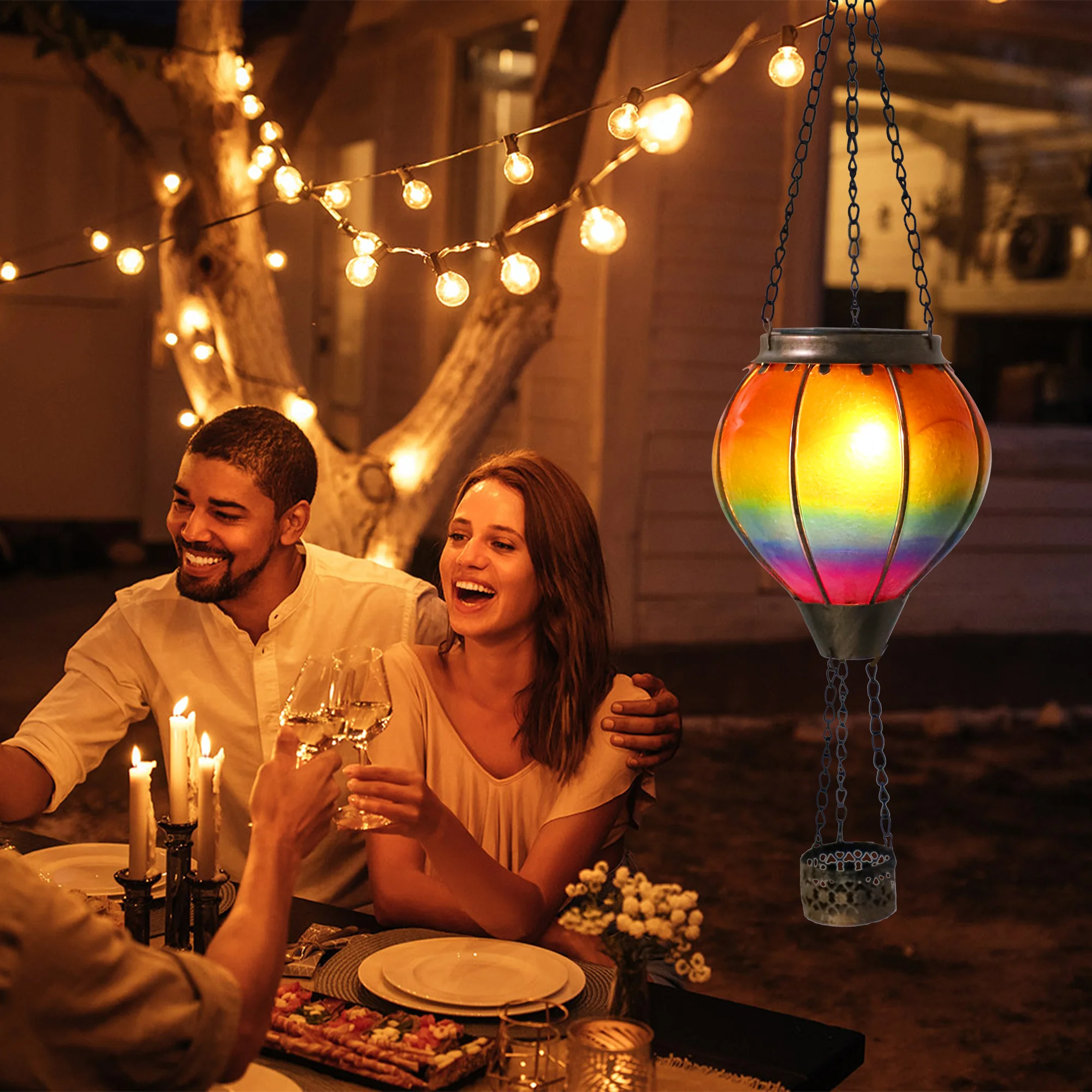 Solar Garden Lights Outdoor Decoration Hot Air Balloon Shadow Led Lantern Landscape Pathway Light Metal Hanging Yard Led Lamp