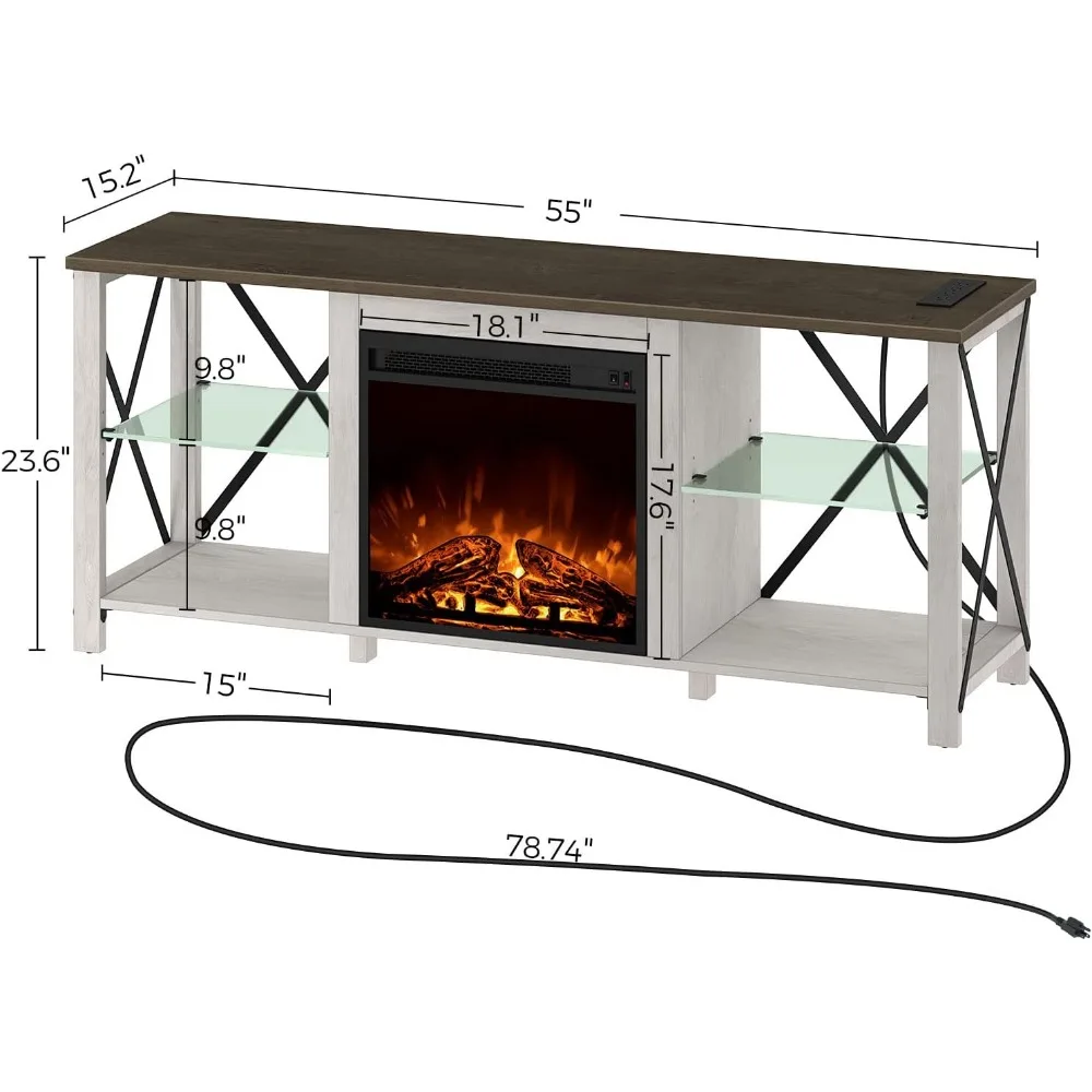 Open Haard Tv-Standaard 55 "Met Led-Verlichting En Stopcontacten, Verstelbare Glazen Planken, Tv-Console Voor 32" 43 "50" 55 "65", Wit