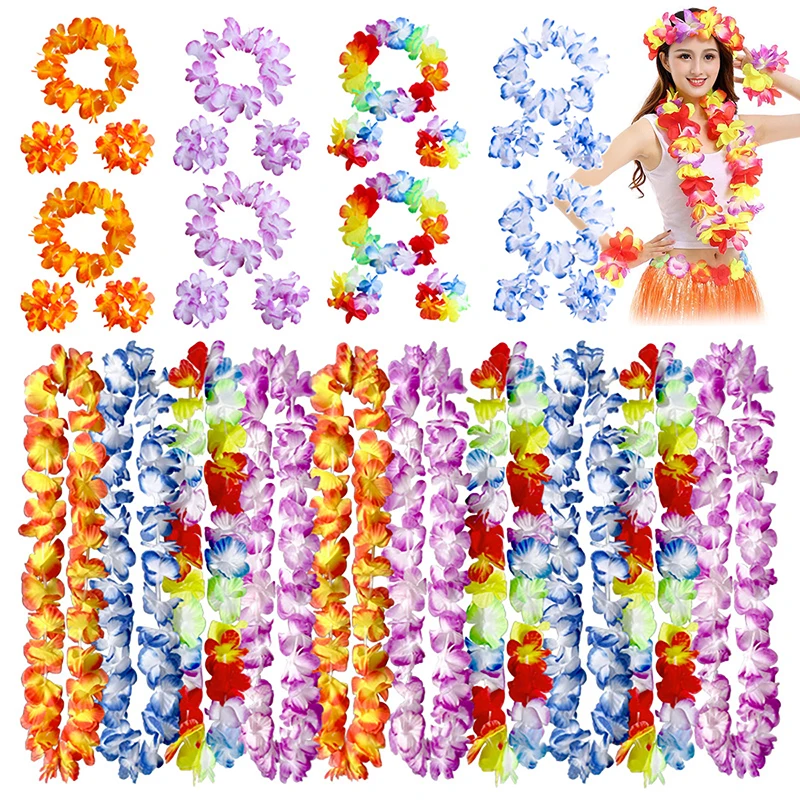 4Pcs/set Hawaiian Artificial Flowers Leis Necklace Garland Headband Wedding Birthday Beach Tropical Party Decoration