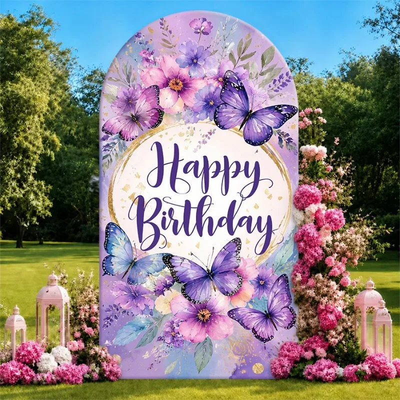 

Single Side Arch Backdrop Cover Elegant Purple Floral Birthday Backdrop with Butterflies and Golden Accents for Festive Party