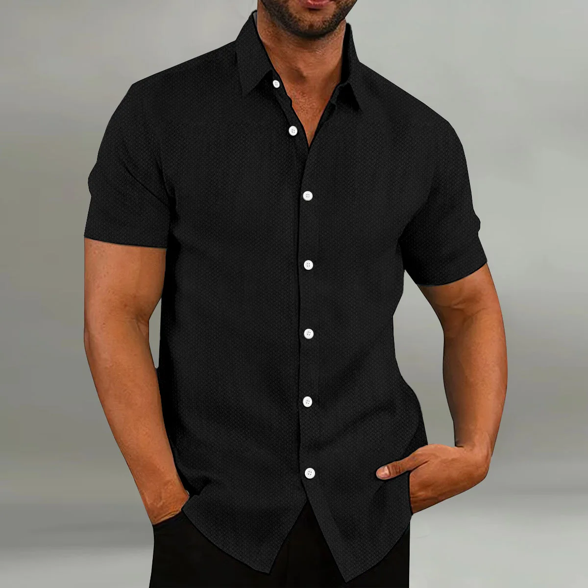 2025 New Style Men's Fashion Summer Casual Breathable Collar Solid Color Short-Sleeved Shirt